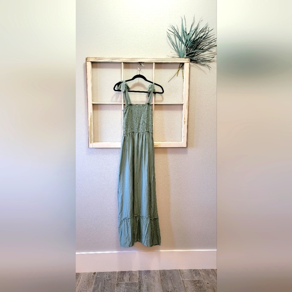 Olive/Sage Green Maxi Peasant Top Dress w Bow accent ties